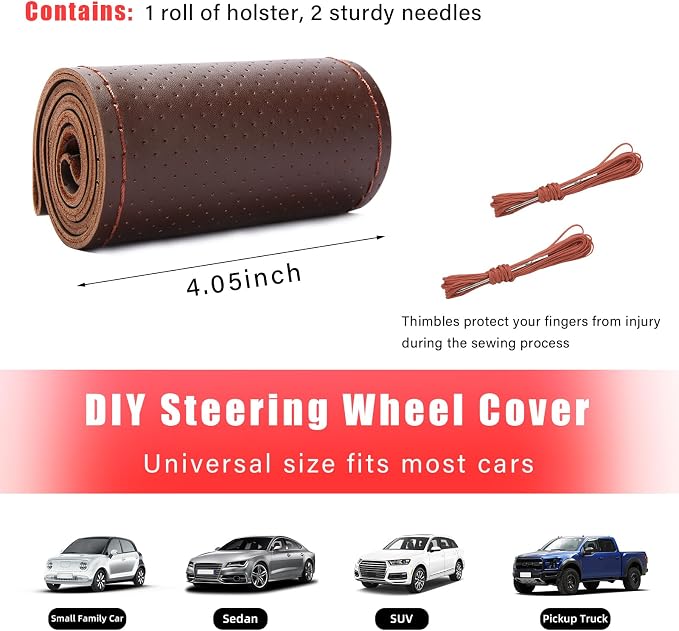 Augeny Genuine Leather Steering Wheel Cover, Breathable Anti-Slip Car Steering Wheel Protector Stitch on Wrap for Max Diameter 15 Inch, DIY Sewing with Needle Thread (Full Hole, Coffee)