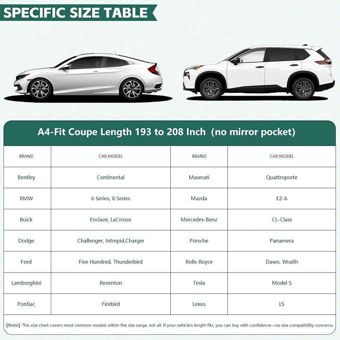 GUNHYI Coupe Car Cover Waterproof All Weather, 16-Layer Heavy Duty Full Exterior Cover with Vents, Driver Door Zipper & Towel, Summer Sun/UV/Rain Protection, Fit Pontiac Firebird, Dodge Charger etc.