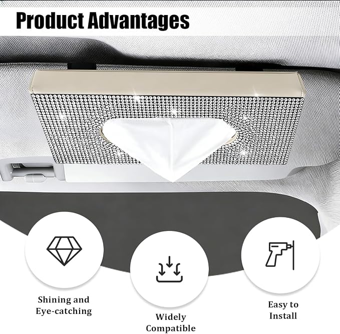Bling Car Visor Tissue Holder, Shiny Rhinestone Leather Sun Visor Napkin Mask Case Holder Clip, Diamond AUT Paper Tissue Towel Box Dispenser, Universal Fit (White/Beige)