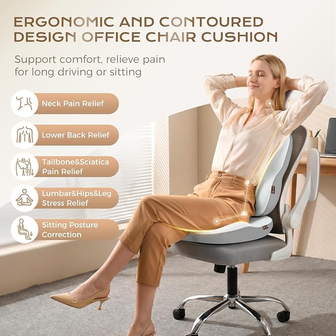 Coverado Car Seat Cushion Back Support Pillow Neck Headrest Pillow, Ergonomic Memory Foam Sciatica & Back & Tailbone Pain Relief Cushion for Office Chair Seat Cushion for Chair Gray&Light Gray