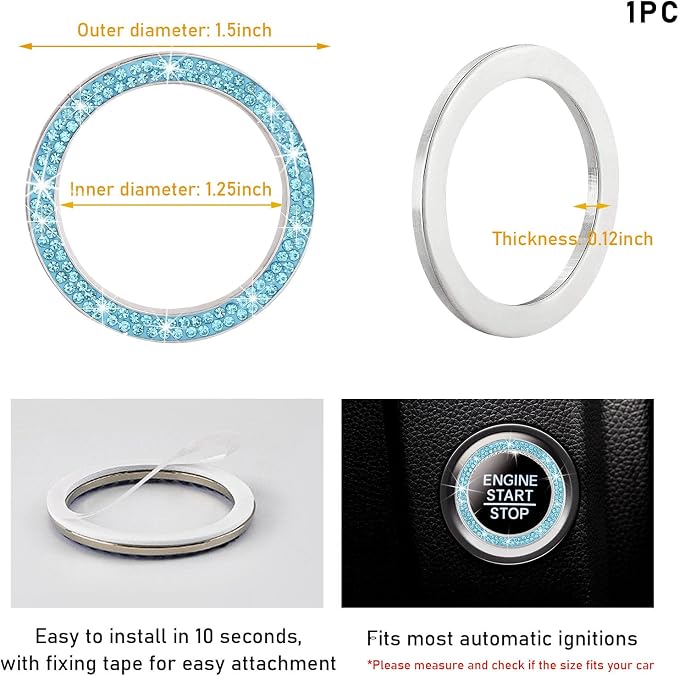 Kewucn Bling Crystal Double Rhinestone Car Engine Start Decoration Ring, Sparkling Push Start Button Sticker, Key Ignition & Knob Ring Decoration, Bling Car Interior Accessory (Lake Blue)