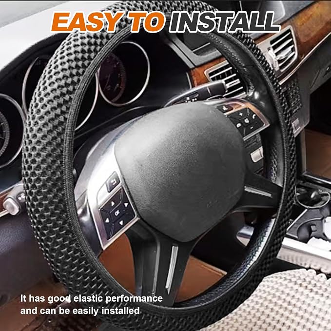 Car Elastic Stretch Steering Wheel Cover, Universal 15" Automotive Steering Wheel Protector, Microfiber Ice Silk, Breathable, Anti-Slip, Easy Carry, Car Accessories for Cars/SUVs/Vans/Truck (Black)