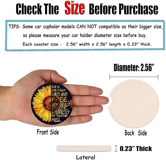 Car Coasters for Women 2 Pack, Ceramic Absorbent Cup Holders for Mother's Day, Keep The Car Clean and Dry, Auto Small 2.56" Coasters Set for Mum (Half Sunflower)