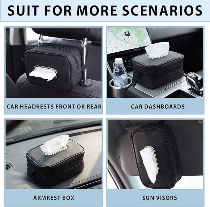Novabright 3 Pack Car Tissue Holder Sun Visor Napkin Holder PU Leather Tissues Box Cover Backseat Rectangle Organizer for Car Sun Visor Black Organization Accessories