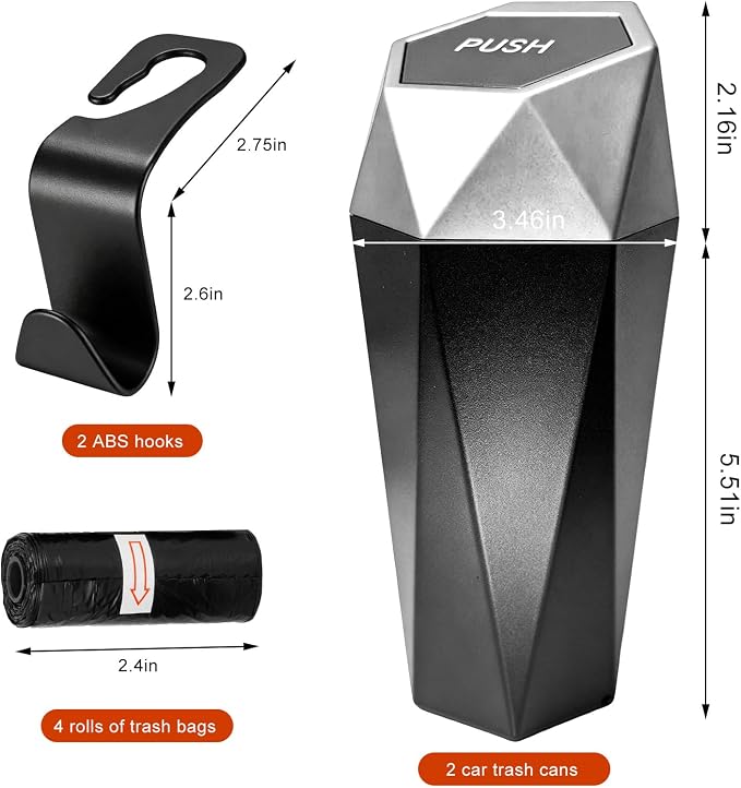 Car Trash Can with Lid, Waterproof Diamond Design Auto Cup Holder Trash Bin, Leakproof Mini Garbage Organizer for Vehicle Home Office Kitchen Bedroom, Car Accessories (Silver)