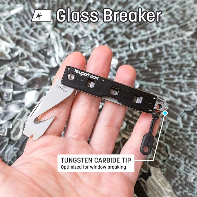 Keyport Car Rescue Tool - Tungsten-Carbide Window Breaker & Seatbelt Cutter | Solid Tip - No Spring To Fail | Shatters Side Glass | Rescue-Grade | Pry Bar | Pocket Clip | Paracord Pull | Customizable