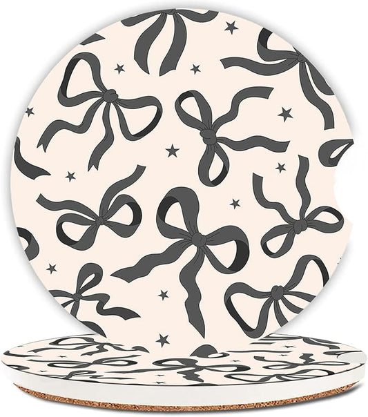 Car Coasters for Cup Holders, Car Cup Holder Coaster, Cute Car Accessories for Women Interior, 2PCS Cup Holder Coasters for Car, Anti Slip Rubber Cup Mat with A Finger Notch(Cute Black Ribbon Bow)