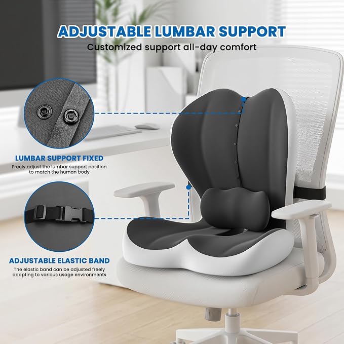 Large Car Seat Cushion with Lumbar Support Pillow for Long Sitting | Hollow Design for Coccyx, Reducing Sciatica Pressure, Tailbone & Lower Back Comfort, Memory Foam Cushion, Non-Slip for Chair