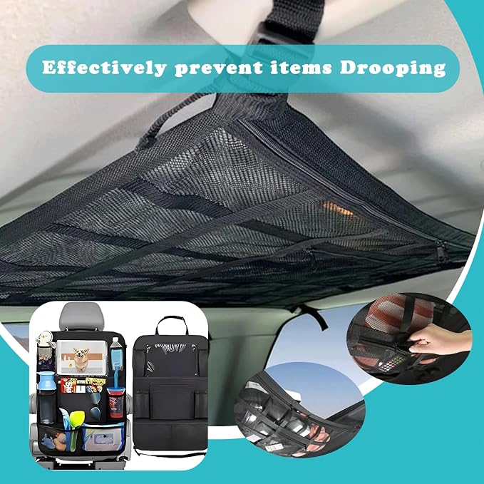 Car Ceiling Cargo Net with Backseat Organizer, Anti-Fall Ceiling Mesh Storage Organizer, Double Layer Cargo Net, Heavy Duty Load Capacity Roof Net Inside Car, Easy-to-Install & Reduce Sagging.