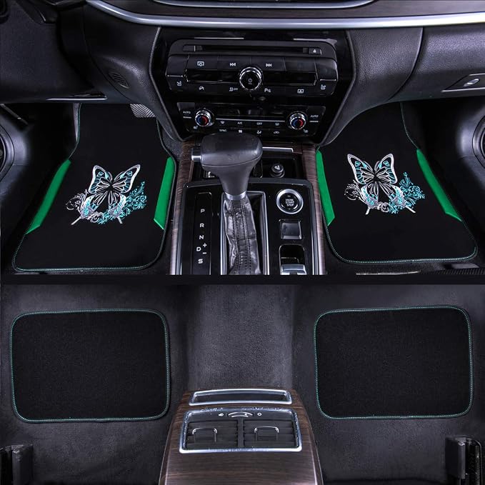 CAR PASS Embroidery Butterfly Car Floor Mats, Green Carpet Floor mats with Heel Pad, Universal Fit for Suvs,Sedans,Trucks,Cars, Set of 4 (Black and Green)