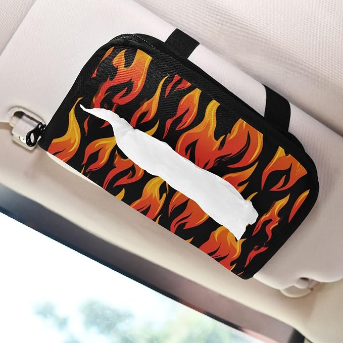 Car Tissue Holder Car Napkin Holder Tissue Box Dispenser Storage Case Sun Visor Mask Holder Accessories with Adjustable Straps Reusable Refillable Gradient Orange Red Flame