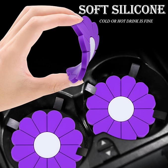 4-Pack Car Cup Holder Coaster Inserts, Daisy Shape, 2.75 Inch Non-Slip Silicone Cup Holder Insert, Universal Non-Slip Cup Holders, Car Accessories Interior for Women and Man (Purple)