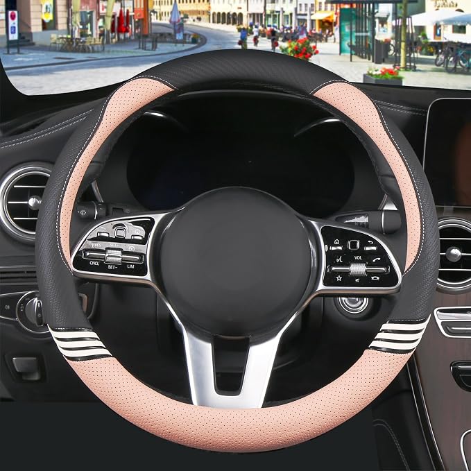 15 inch Cute Leather Steering Wheel Cover Black and Pink | Breathable Non-Slip Faux Leather and Carbon Fiber Car Accessories for Women Men Universal 14.5 inch to 15 inch