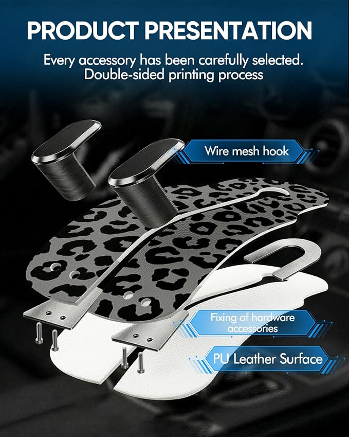 WOCOCN Purse Holder for Car, 2 Pack Heavy Duty Purse Hanger for Car, PU Leather Car Seat Hooks for Purses and Bags, Cute Leopard Print Headrest Organizer for Handbags & Backpacks