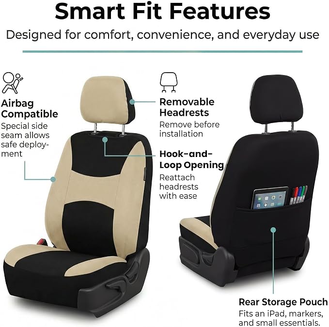FH Group Universal Automotive Seat Covers Front Set | Light & Breezy Flat Cloth Washable Car Seat Cover for SUV, Sedan, Truck | Airbag Compatible Interior Upgrade - Beige/Black