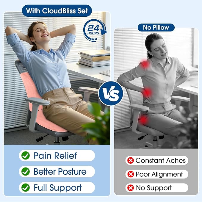 CloudBliss Lumbar Support Pillow & Seat Cushion Set for Office Chair, Desk Chair, Wheelchair & Car – Memory Foam Back Support, Ergonomic Chair Cushions, Sciatica Pain Relief, Home Essentials(Pink,XL)