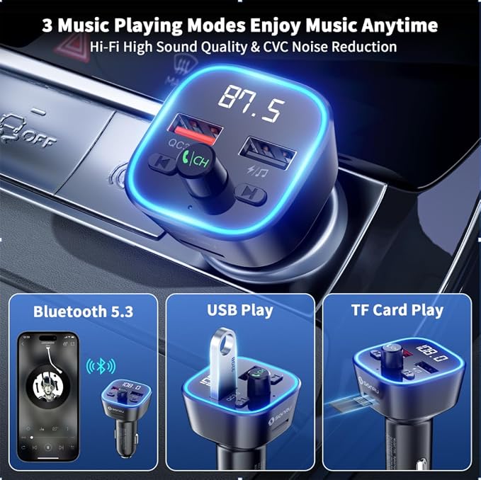 Bluetooth 5.3 FM Transmitter Car Adapter, Wireless Radio Adapter, Wireless FM Radio Transmitter, Hands-Free Calling and 2 USB Ports Fast Charging, HiFi Treble & Bass Player (Black)