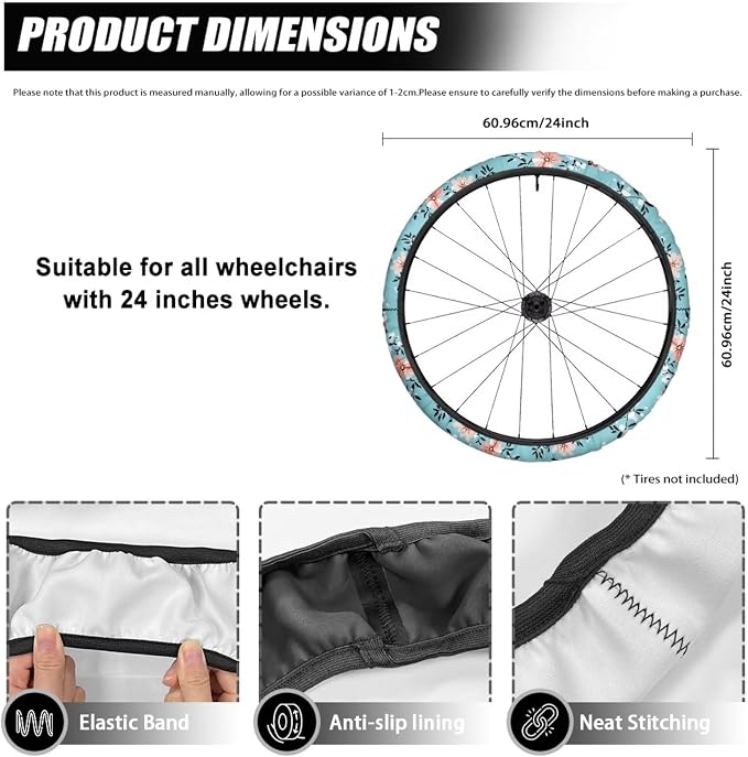 Crushed Flowers Wheelchair Wheel Covers 24" Wheels Protective Cover Floral Washable Comfortable for Women