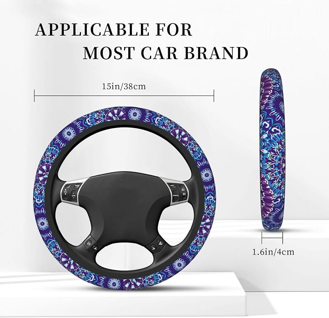 Boho Purple Flower Neoprene Steering Wheel Cover for Men Women Anti-Slip Elastic Steering Wheel Protective Cover 15in Universal Car Accessories Fit Cars, SUVs, Auto