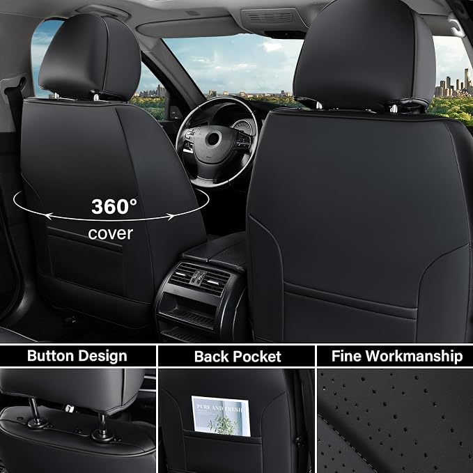 Coverado Car Seat Covers Full Set, Black Leather Seat Cover for Cars, Luxury Waterproof Seat Cover, Front and Back Car Seat Protector Car Seat Cushion Universal Fit for Most Cars