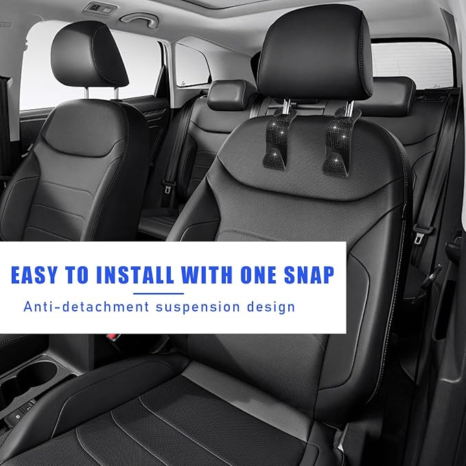 Ohleats 4 PCS Bling Car Seat Headrest Hooks, Crystal Rhinestone Back Seat Hanging Storage Organizer, Vehicle Seat Hanger Holder for Purse Handbag Coat, Interior Car Accessories (Black)