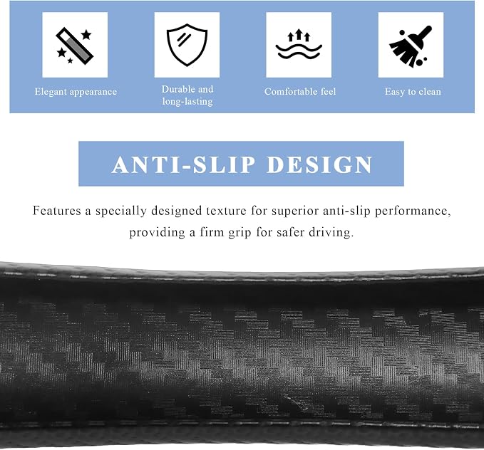 Steering Wheel Cover, 15 Inch Anti-Slip Breathable Steering Wheel Protector Auto Interior Decor, Heat-Resistant Comfort Grip Wheel Cover Universal for Most Cars Trucks SUVs (Carbon Fiber Black)