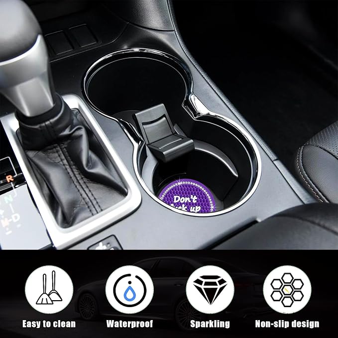 Ziciner 2 Pack Bling Car Cup Holder Coaster, 2.75 Inch Anti-Slip Auto Insert Cup Coaster, Crystal Car Drink Cup Mat Perfect for Women Girls, Universal Interior Decor Accessories (Dark Purple)