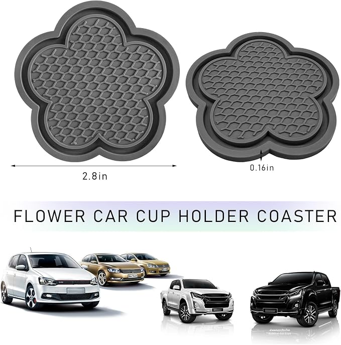 DXNQ 4 PCS Car Cup Coasters, Cute Flower Shaped Car Cup Holder Mat, PVC Waterproof Anti Slip Vehicle Cup Holder Insert Coaster, Universal Car Interior Decor Accessories (Gray)