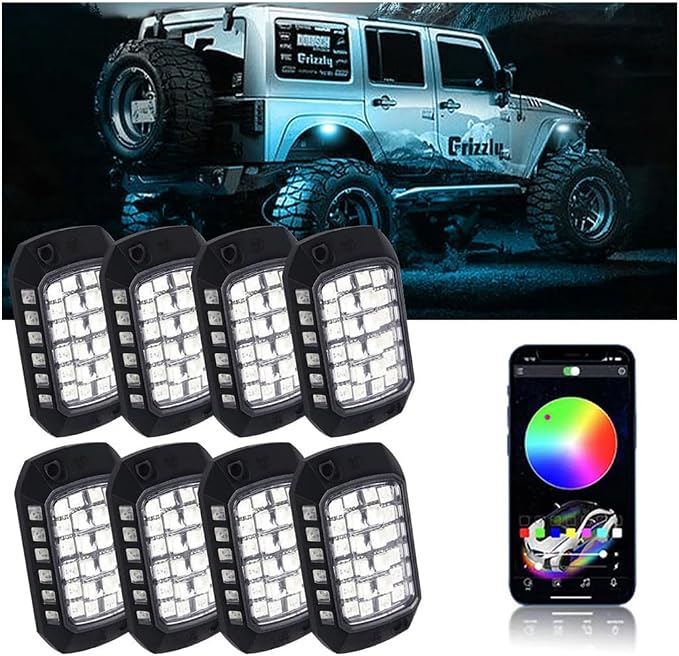 Car RGB Rock Lights, 8 Pods 36 LEDs High Brights Multicolor Underglow Neon Lighting Kit with APP Control, Automotive Exterior Wheel Well Glow Kit, Universal for SUV RV Truck