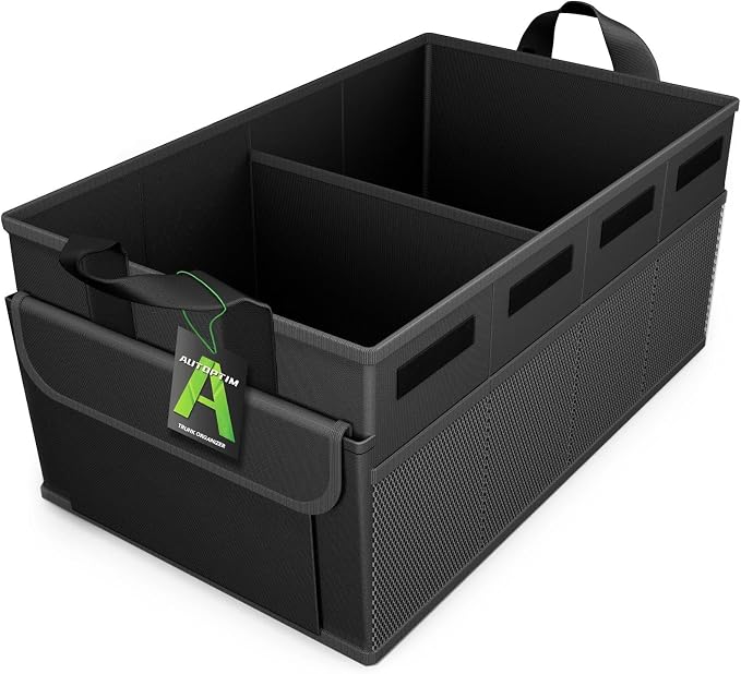 AUTOPTIM Car Trunk Organizer - 65L Collapsible Car Organizer with Non Slip Bottom & Multiple Pockets for Groceries, Trunk Storage with Base Panel for SUV Sedan Van, 2 Compartments (Black, Large)