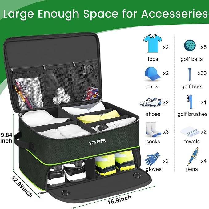 YOREPEK Golf Gifts for Men, 2 Layer Golf Trunk Organizer for 2 Pair Shoes | Waterproof Car Trunk Locker with Separate Ventilated Compartment for Balls, Tees, Clothes, Gloves, Birthday Gifts for Golfers
