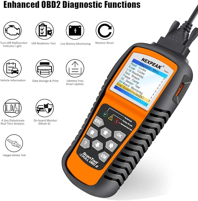 NEXPEAK NX501 OBD2 Scanner Enhanced Code Reader for All Post-1996 Vehicles | Professional OBD2 scanner reads/clears engine codes, monitors battery, 10 modes & live data on color screen，plug and play