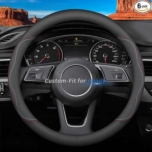 Deer Route Custom-Fit Leather Car Steering Wheel Cover for Honda, A-Style, 3.5 Inches