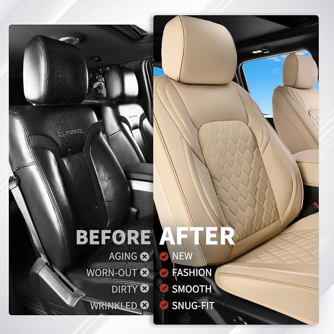 Huidasource F250 Front Seat Covers, 360° Full Coverage Leather Car Seat Protector Fit for Ford F150 2015-2026&F250 F350 F450 2017-2026 All Cab XL XLT Lariat King Ranch Platinum (Front Pair/Beige)