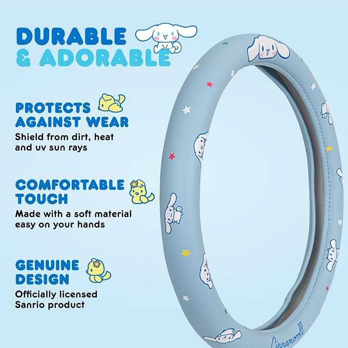 Sanrio Hello Kitty and Friends Cinnamoroll Blue Car Steering Wheel Cover, Universal Fit Cute Accessories for Women Stylish Decor Gifts Hello Kitty Car Accessories - Fits Standard Wheels 14.5"-15"