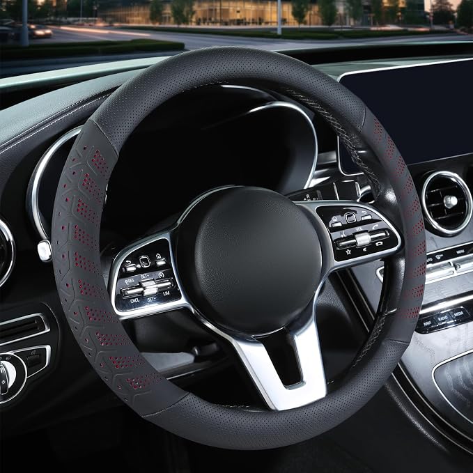 3D Slim Soft 15 inch Leather Steering Wheel Cover Black with Red | Breathable Anti-Slip Premium Skin-Feel Perforated Thin Nappa Leather, Universal 14.5 inch to 15 inch