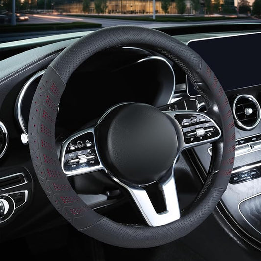 3D Slim Soft 15 inch Leather Steering Wheel Cover Black with Red | Breathable Anti-Slip Premium Skin-Feel Perforated Thin Nappa Leather, Universal 14.5 inch to 15 inch