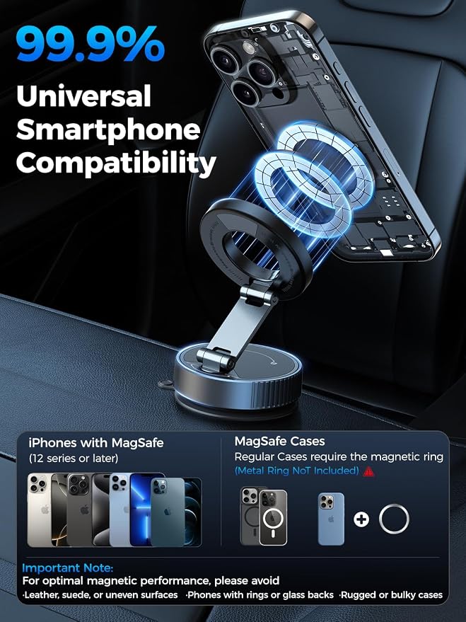 Magnetic Car Phone Holder for Magsafe, Nano Gel 360°Adjustable Vacuum Phone Holders for Your Car,[108+LBS Suction & 2800gf Magnetic] Car Phone Mount for iPhone 17/16/15/14/13/12 Series & Android