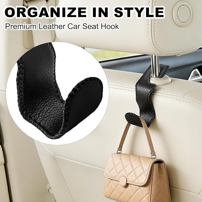 Headrest Hooks for Car, Leather Car Purse Hooks Hanger Holder Hook for Hanging Purses and Bags and Coats, 4Pack Black