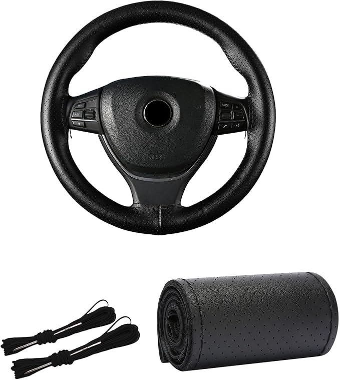 Kewucn Genuine Leather Steering Wheel Cover, 15" Universal Car Steering Wheel Protector with Needle Thread, Breathable Anti-Slip Steering Wheel Cover DIY Stitch on Wrap (Black, Full Hole)