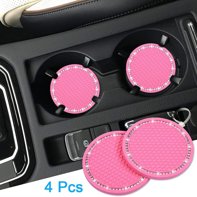 Bling Car Coasters, Wisdompro 4 Pack PVC Car Cup Holder Insert Coaster - Anti Slip Universal Vehicle Interior Accessories Crystal Glitter Cup Mats for Women and Men (2.75" Diameter, Pink)