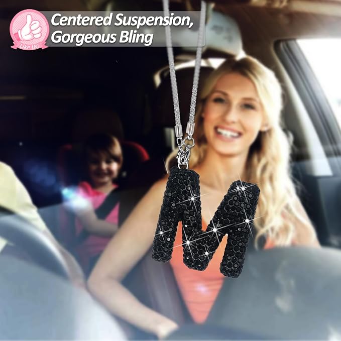 Letter M Bling Black Car Accessories Interior for Women, Interior Charm Rear View Mirror Cute Crystal Pendant Car Decorations for Men, Lucky Gifts Diamond Rhinestone