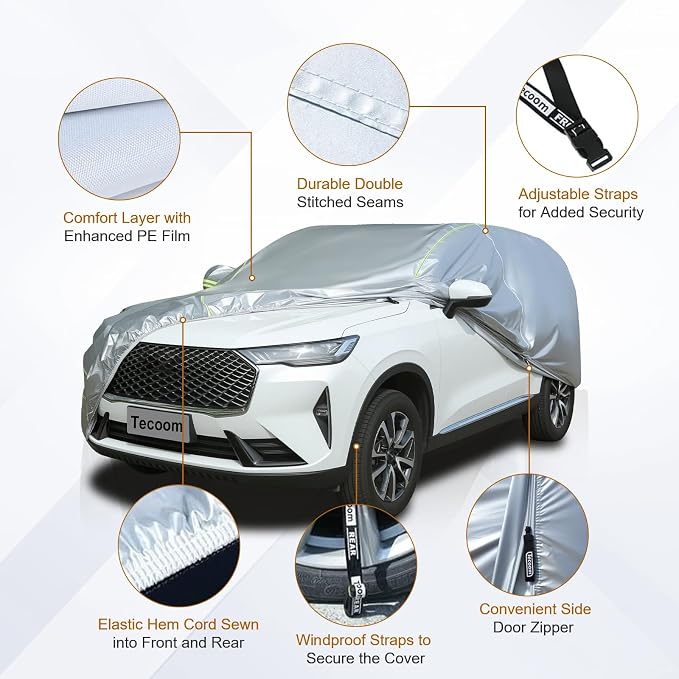 Tecoom SUV Car Cover Waterproof All Weather, Full Exterior Windproof Sun Rain Snow Hail Protection, Outdoor & Indoor Fit for Tesla Model Y Toyota RAV4 Nissan Rogue with Zipper Door/Lock (170-190")