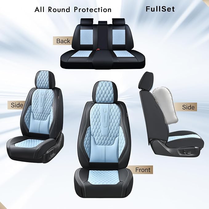 Coverado Car Seat Covers Front, Nappa Leather Seat Covers for Cars, Waterproof Seat Covers with Lumbar Support, Automotive Seat Covers Universal Fit for Most Cars SUV Trucks (Front, Black-Blue)