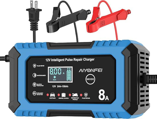 12V Battery Charger 8-Amp Smart Trickle Charger, Blue | Battery Maintainer and Desulfator, Temperature Compensation, for Car, Truck, SUV, Motorcycle, Boat, Lead Acid, LiFePO4