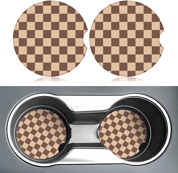 Brown Checkered Car Coasters for Cup Holders,2 Pack Car Cup Holder Coasters for Car,Ceramic Absorbent Car Coaster with A Finger Notch and Cork Base,Car Interior Accessories for Women Men