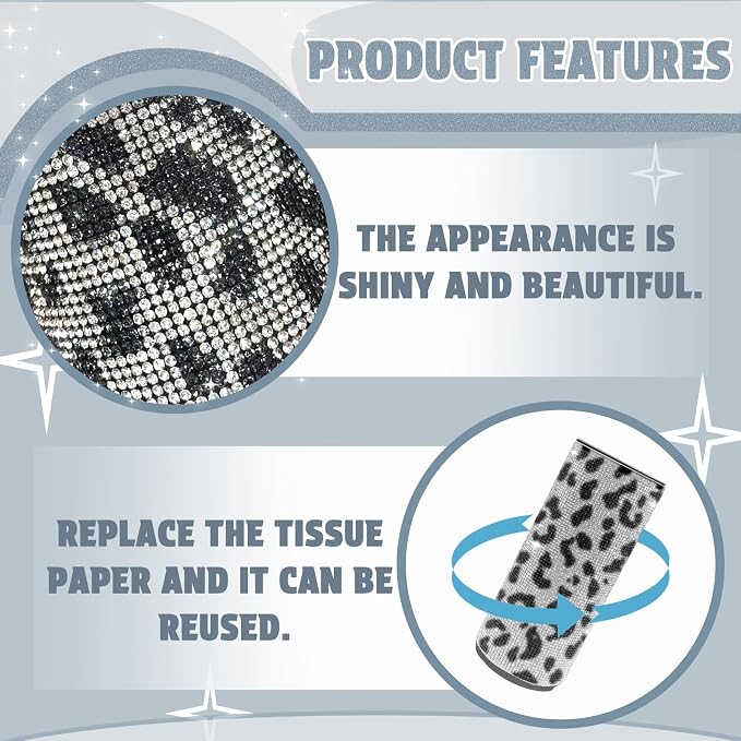 Bling Car Tissue Holder for Cup Holder – Sparkly Rhinestone Round Tissue Dispenser with 1 Pack Tissues – Fits Standard Auto Cup Holders – Stylish Car Interior Accessory for Women (Cow)
