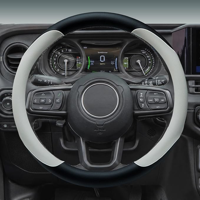 Yangday Leather Steering Wheel Cover for Jeep Wrangler Grand Cherokee Compass, 14.5-15 inches Car Steering Wheel Cover with Non-Slip Breathable (White)