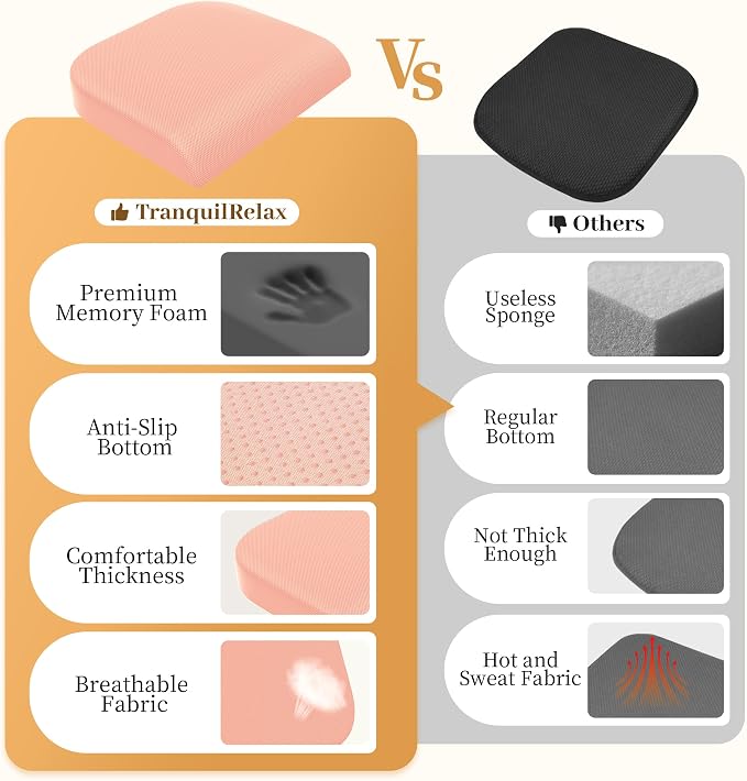 TranquilRelax Large Seat Cushion, Memory Foam Cushion for Long Sitting Hours on Office Chair, Home & Car, Non-Slip Chair Pad for Relieving Back & Sciatica & Hip & Coccyx Pain (Pink)