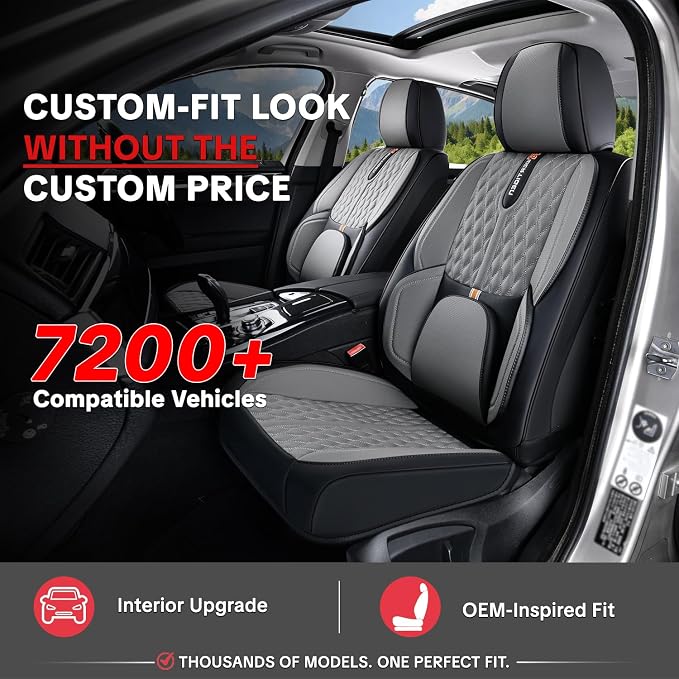 Universal Car Seat Cover for Cars, Black and Gray, with Lumbar Support, | Car Seat Cover Full Set,Premium Artificial Leather, Waterproof and Easy to Clean, Airbag Compatible